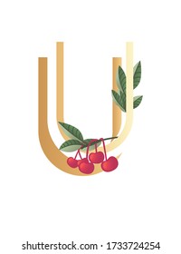 Buchstabe U mit beigem Farbverlauf, mit grünen Blättern bedeckt, rote Beeren, öko-Schriftbild mit flachem Farbverlauf, isoliert auf weißem Hintergrund