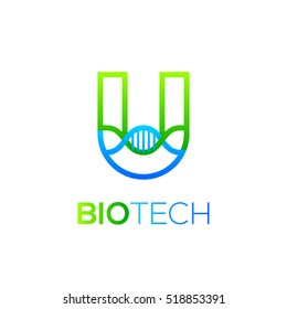 Letter U Green and Blue with abstract biotechnology dna logotype. Medicine, science, laboratory,Technology DNA vector concept