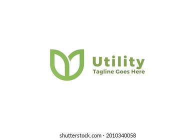 Letter U green color simple line art leafy utility business logo