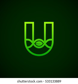 Letter U Green leaf with abstract biotechnology logotype. Medicine, science, laboratory,DNA vector concept