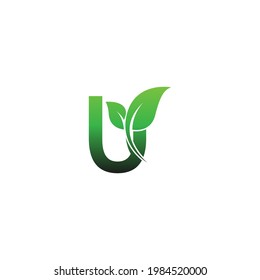 Letter U with green leafs icon logo design template illustration vector