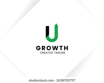 Letter U growth logo design with arrow up symbol and icon. Invest and financial logo