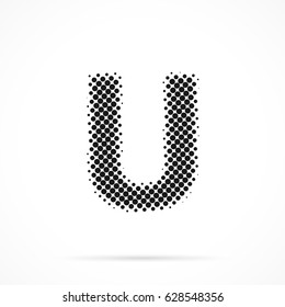 Letter U in halftone. Dotted illustration isolated on a white background.
Vector illustration.
