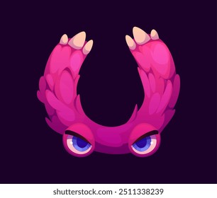 Letter U Halloween font, cartoon evil type, funny scary typeface, spooky alphabet uppercase letter as pink furry monster with claws and blue eyes. Isolated vector cute furry beast latin abc character