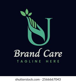 Letter U Hand Care Nature Leaf Logo Design