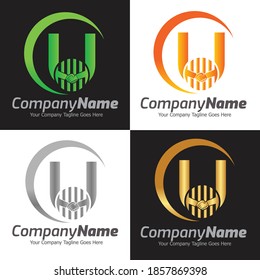 Plantilla De Logotipo De Agitación De Mano De La Letra U, Ilustración Del Vector De Agitación De Mano, Logotipo De Trabajo De Oferta