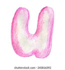 Letter U. Handwritten alphabet drawing by watercolor pencils