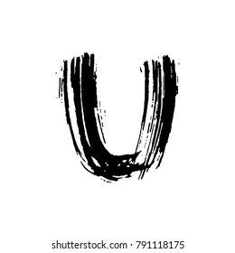 Letter U. Handwritten by dry brush. Rough strokes font. Vector illustration. Grunge style elegant alphabet.