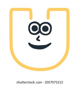 Letter u happy eccentric smiling character, smiley face vector clip art
