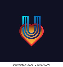 Buchstaben U und Herz-Logo-Symbol. Buchstabe U Herz-Logo, rote Ende blaue Farbe, Logotyp des Liebeskonzepts. 