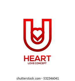 Letter U heart Red color logo,Valentine Day Love Concept Logotype