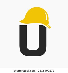 Letter U Helmet Construction Logo Concept With Safety Helmet Icon. Engineering Architect Logotype