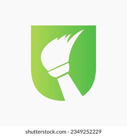 Letter U House Cleaning Logo Concept With Clean Brush Icon. Maid Service Symbol