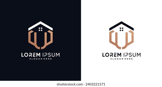 Letter u and house logo design vector illustration with hexagon concept