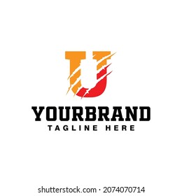 icono de letra U, efecto de arañazo con color amarillo rojo. diseño moderno de logotipo de plantilla