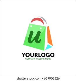 Letter U identity design, colorful paper bag concept, online shopping logo isolated. 