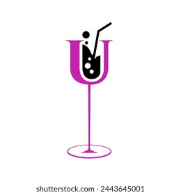 letter U initial with bar cocktail and wine logo design vector template
