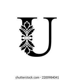 letra U negro inicial. letras de flores. Alfabeto adorno de época. vector de logotipo 