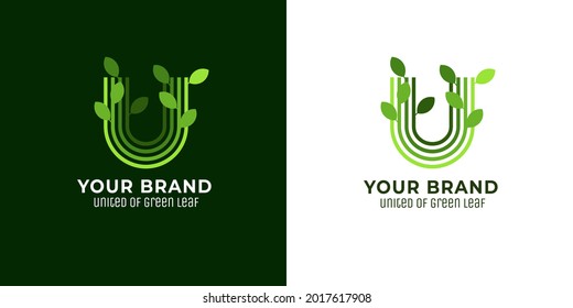 Letter U initial with green leaf logo vector design template