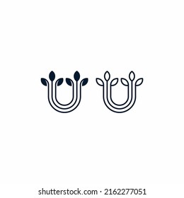 Letter U initial with green leaf logo vector design template
