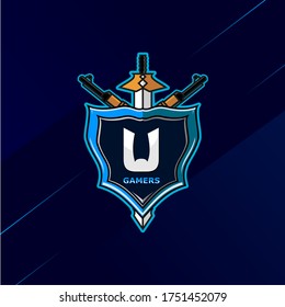 Letra U - logotipo inicial E-Sport con decoración de espada, escudo y arma. Perfecto para la marca de los jugadores, el equipo, etc.
