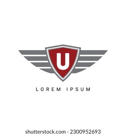 Letter U initial shield with wings logo design