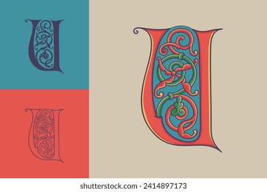 Letter U initial with trailing vines of thistle plant. Medieval blackletter drop cap based on Bohemian manuscript. Romanesque style dim colors illuminated emblem. Decorative wax seal monogram logo.