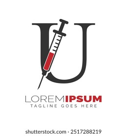 Letter U Injection Logo Design. Alphabet U Syringe icon illustration