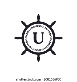 Letter U Inside Ship Steering Wheel and Circular Chain Icon for Nautical Logo Inspiration