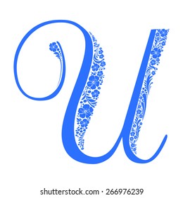 Letter U  isolated on white. Romantic letter of beautiful flowers. Floral Alphabet. Vector Illustration