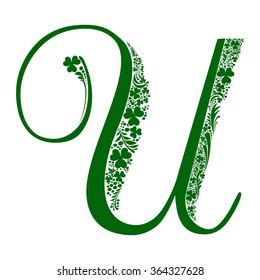Letter U isolated on white. Green letter of a St. Patrick's Day.  Alphabet Set. Vector Illustration