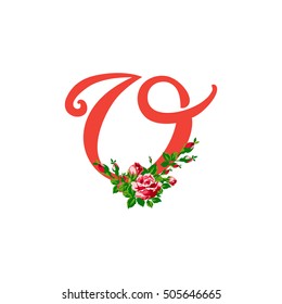 Letter U isolated on white. Romantic letter of beautiful heart. Love The Alphabet. Vector illustration In colors. Roses surround the letter U