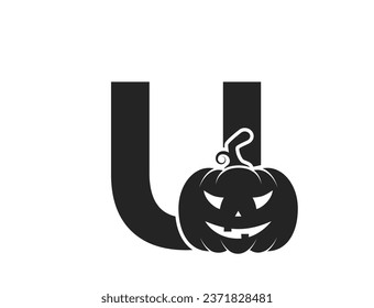 letter u with jack o lantern. halloween and autumn alphabet logo symbol. pumpkin face isolated vector image in simple style