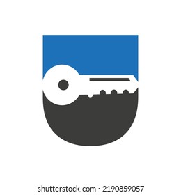 Letter U Key Logo Combine With House Locker Key For Real Estate and House Rental Symbol Vector Template