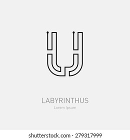 Letter U. Labyrinth vector logo template. Line art rebus, concept logotype icon.