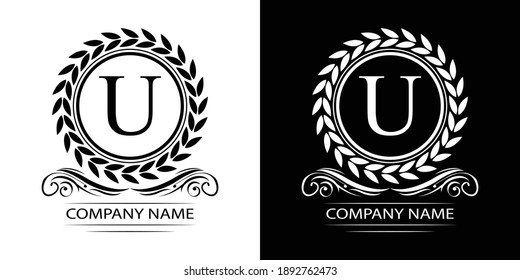 Letter U laurel wreath template logo Luxury gold letter with crown. Monogram alphabet . Beautiful royal initials letter.	