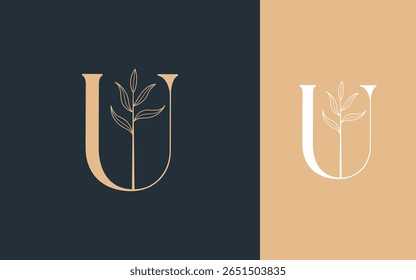 Letra U com logotipo folha design vetor ilustração para spa, beleza, hotel e negócios