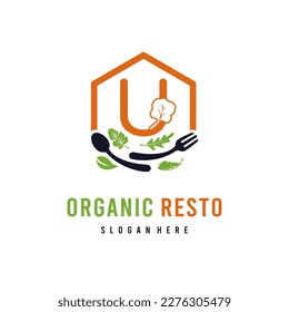 Letter U with Leaf Vegetable for Organic Vegan Food and Resto Business Logo Idea Template	