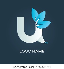 Letter "U" leaves logo isolated. Alphabet vector