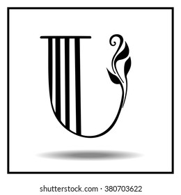  Letter U with leaves. Vector illustration. Petal font. Lettering. Black and white pattern