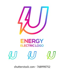 Letter U Line Monogram Colorful logotype with Thunder Volt Electric logo, Energy, Power, Flash, Lighting Bolt concept for your Technology and Digital Corporate identity