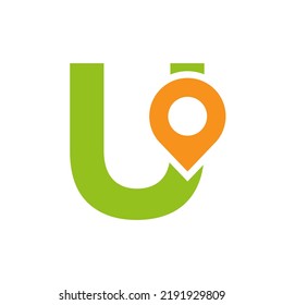 Signo de diseño del logotipo de ubicación de la letra U. Concepto De Icono De Ubicación Con Alfabeto Para Plantilla De Vector De Símbolo De Dirección De Carretera