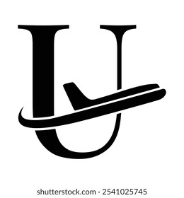 Letter U logo with Aeroplane icon, Transportation and traveling agency logo design with letter U, logo that usable for Ticketing Agency, Initial U letter with Aeroplane symbol