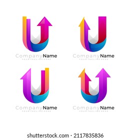 Letter U logo and arrow design template, 3d colorful logos