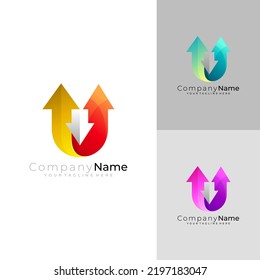 Logo de la letra U y plantilla de diseño de flecha, logotipos 3d de colores