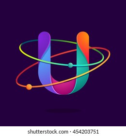 Letter U Logo With Atoms Orbits Lines. Bright Vector Design For Science, Biology, Physics, Chemistry Company.