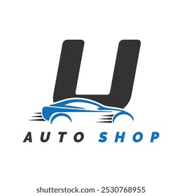 Logotipo de la letra U mecánico automático con estilo de coche. Icono del diseño automotriz del coche del alfabeto U