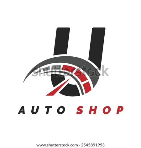 letter U logo auto mechanic with speedometer style. Alphabet U automotive speedometer design icon