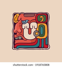 Letter U logo in Aztec, Mayan or Incas style. Native American symbol with warrior or god face. Perfect for ethnic labels, sport emblem, tattoo design and tribal identity, etc.