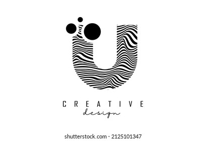 Letter U logo with black lines and dots. Vector illustration with geometric typography. Creative icon with letter.